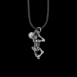 Silver Hanging Skeleton Skull Black Rope Necklace